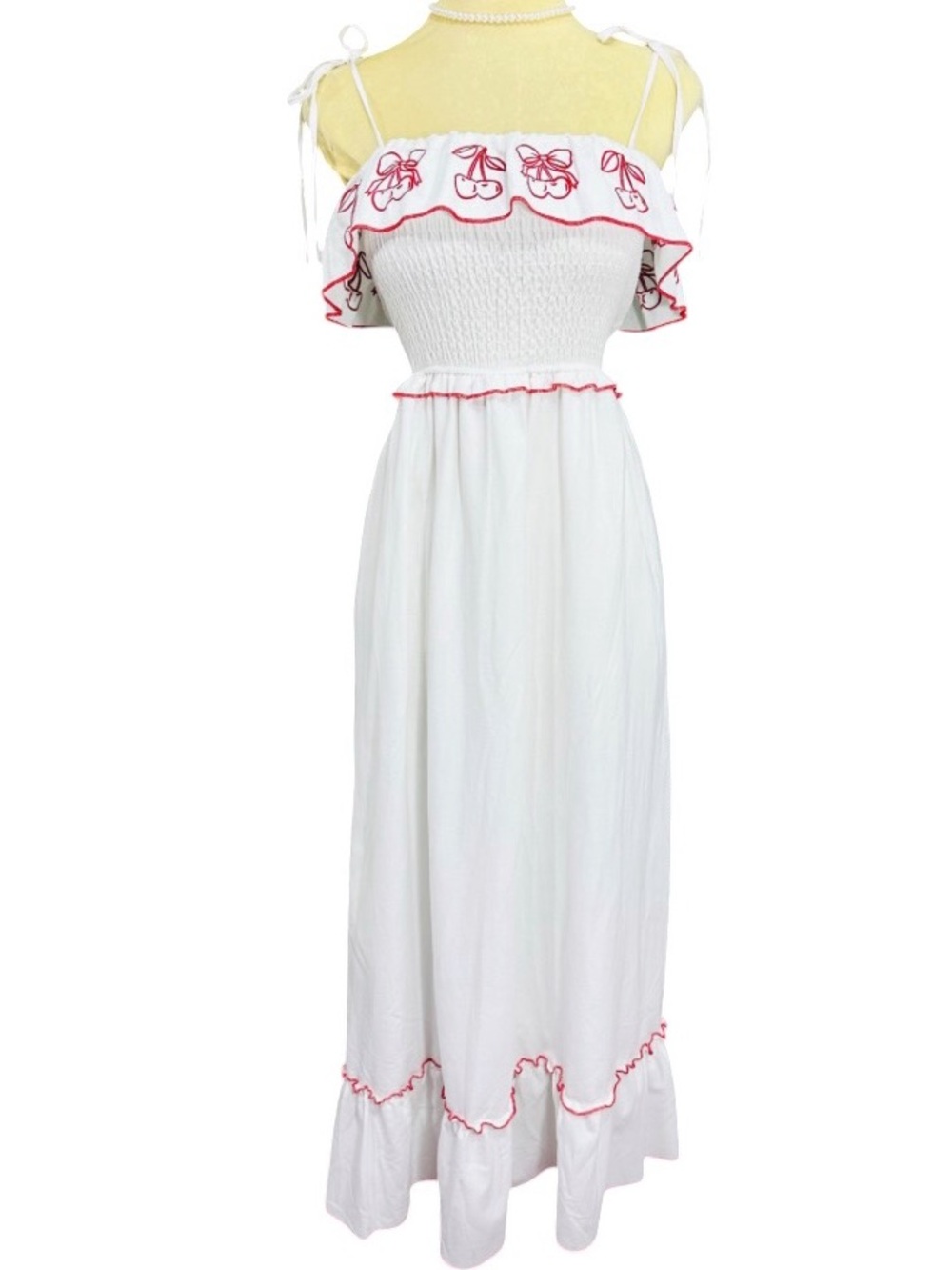 Thirty Thirty LA Cherry Embroidered Smocked ruffle Maxi Sundress Resortwear